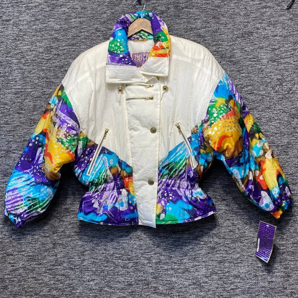 Vintage 80s East West Ski Jacket Puffer Panda Group Multicolor Abstract M NWT